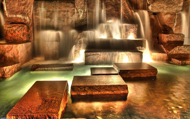 Waterfall benches steps water running free wallpaper for desktop - medium preview image