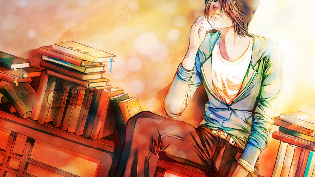 Woman chair books table reading free wallpaper for desktop - medium preview image