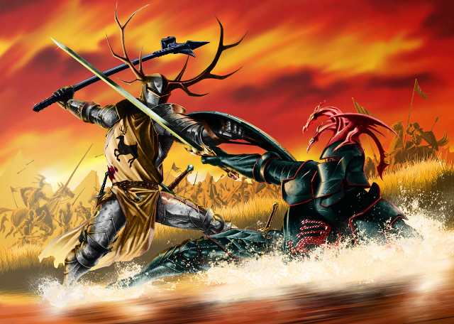 Knights fighting water red sky free wallpaper for desktop - medium preview image