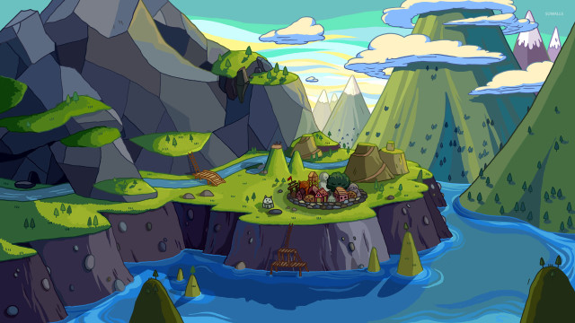 Cartoon island campsite river scenery free wallpaper for desktop - medium preview image
