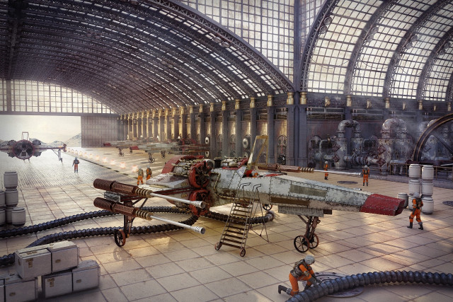 Hangar plane workers equipment ceiling free wallpaper for desktop - medium preview image