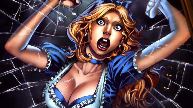 Cartoon woman knife cracked window free wallpaper for desktop - medium preview image