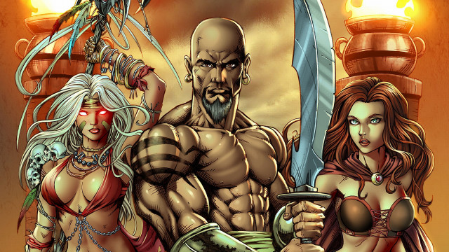 Cartoon man woman swords armor free wallpaper for desktop - medium preview image