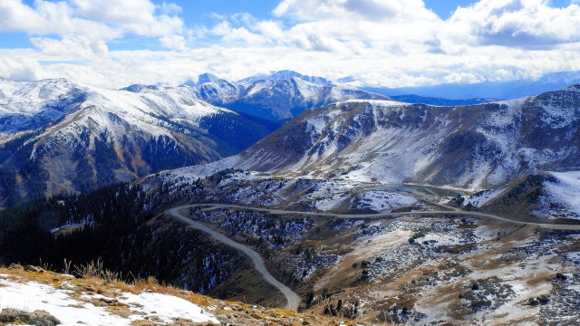 Winding road mountain range snow free wallpaper for desktop - medium preview image