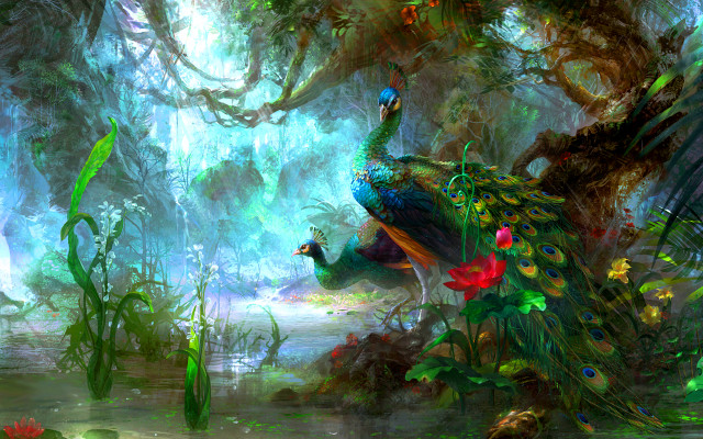 Peacock forest flower water matte free wallpaper for desktop - medium preview image