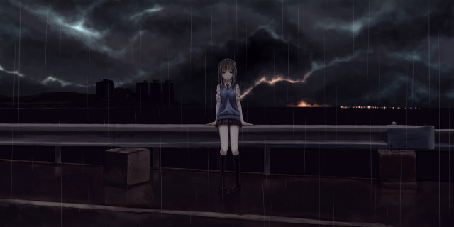 Girl standing rain umbrella city free wallpaper for desktop - medium preview image