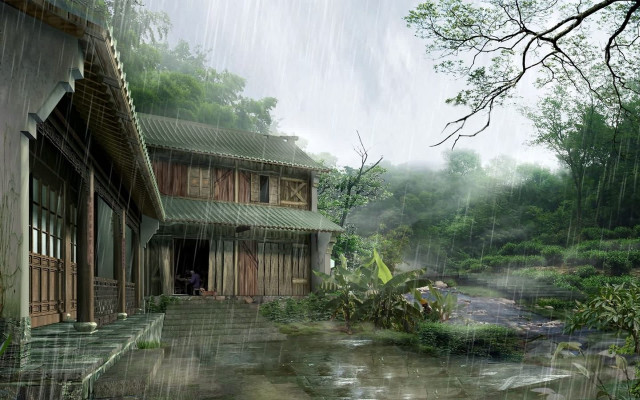 House rain person stream yard free wallpaper for desktop - medium preview image