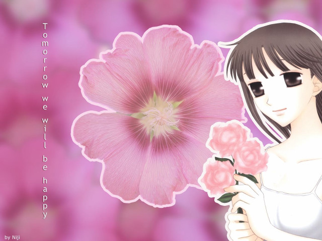 Girl holding flower pink background free wallpaper for desktop - medium preview image