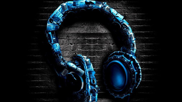 Headphones brick wall dark blue free wallpaper for desktop - medium preview image