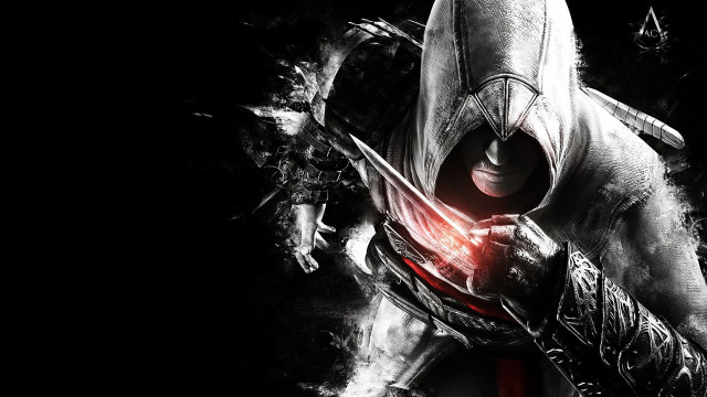 Man hooded sword black background free wallpaper for desktop - medium preview image