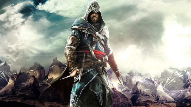 Man hooded outfit sword mountain free wallpaper for desktop - medium preview image