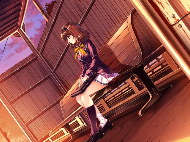 Anime girl bench building purple free wallpaper for desktop - medium preview image