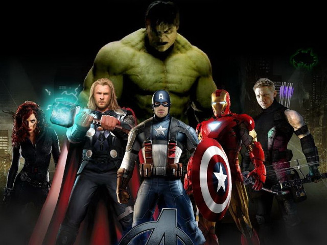 Avengers characters city skyline logo free wallpaper for desktop - medium preview image
