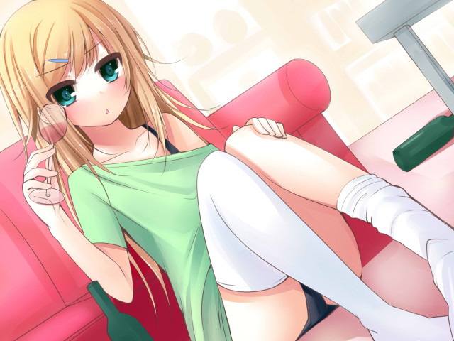 Blonde woman anime sitting pink free wallpaper for desktop - medium preview image