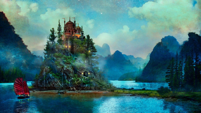 Castle island lake sailboat painting free wallpaper for desktop - medium preview image