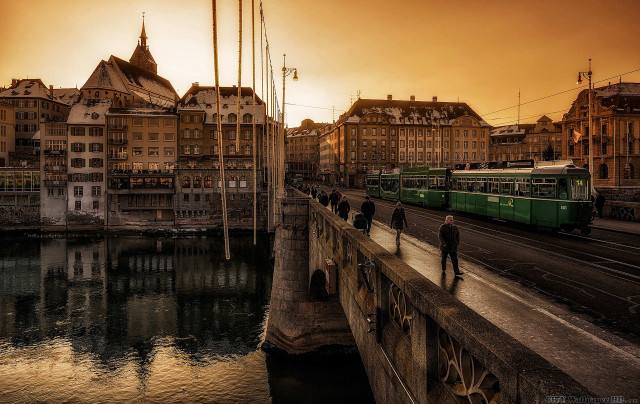 Train bridge river cityscape sunset free wallpaper for desktop - medium preview image