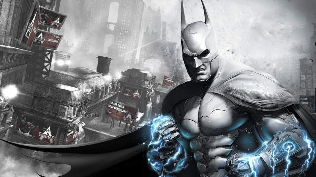 Batman lightning city buildings background free wallpaper for desktop - medium preview image