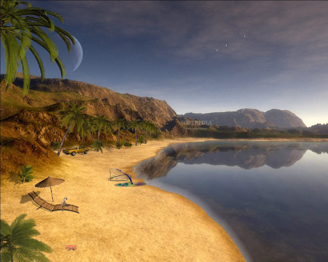 Beach chair umbrella water mountains free wallpaper for desktop - medium preview image