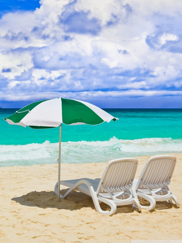 Lawn chairs umbrella beach blue free wallpaper for mobile - medium preview image