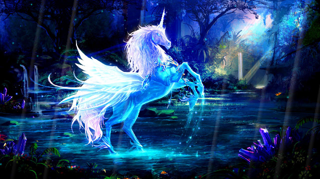 White unicorn forest river waterfall free wallpaper for desktop - medium preview image
