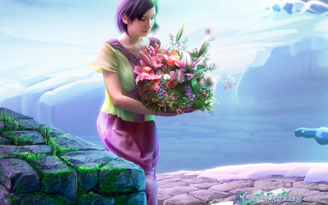 Woman holding bouquet flowers blue free wallpaper for desktop - medium preview image