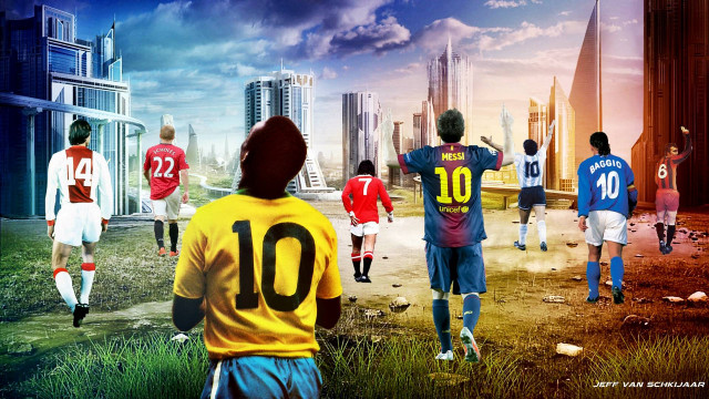Soccer players game city skyscrapers free wallpaper for desktop - medium preview image
