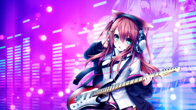 Girl headphones guitar happy music free wallpaper for desktop - medium preview image