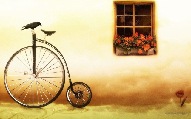 Bicycle bird window flowers painting free wallpaper for desktop - medium preview image