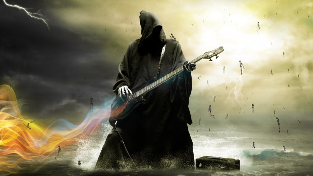 Man hooded robe guitar storm free wallpaper for desktop - medium preview image