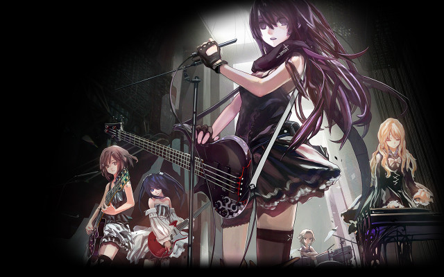 Anime girls guitar microphone dark free wallpaper for desktop - medium preview image