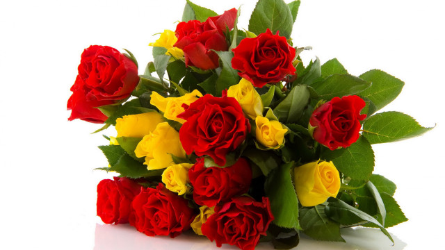 Red yellow roses bouquet white free wallpaper for desktop - medium preview image