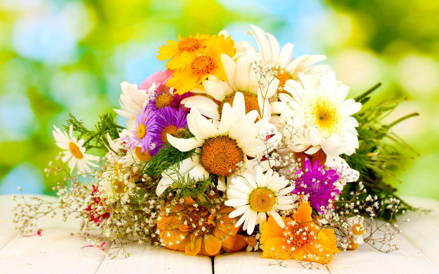 Bouquet flowers wooden table green free wallpaper for desktop - medium preview image