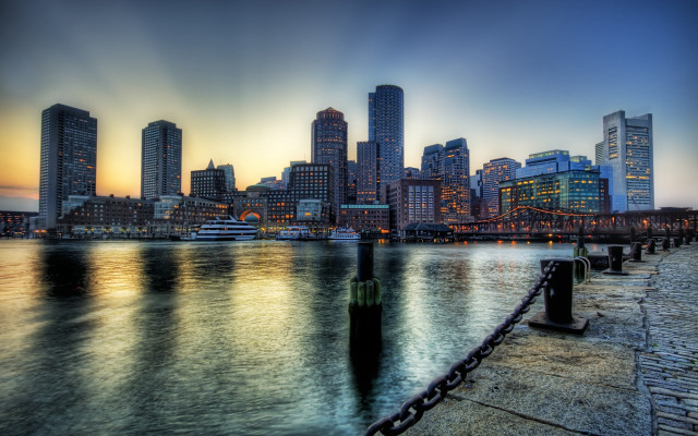 City skyline water fence view free wallpaper for desktop - medium preview image