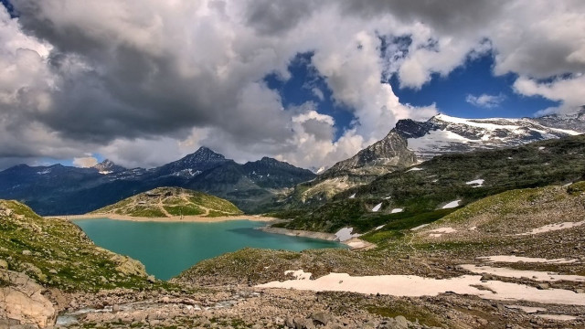 Lake mountains cloudy sky snow free wallpaper for desktop - medium preview image