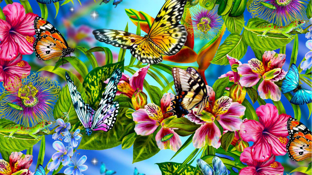 Butterflies flowers blue background sky free wallpaper for desktop - medium preview image