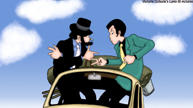 Cartoon two men car talking free wallpaper for desktop - medium preview image