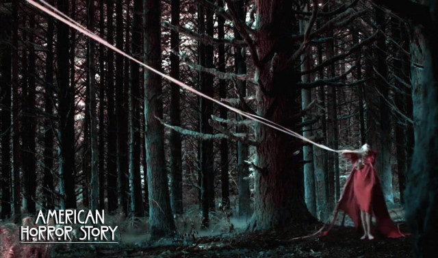 Woman red cape forest rope free wallpaper for desktop - medium preview image