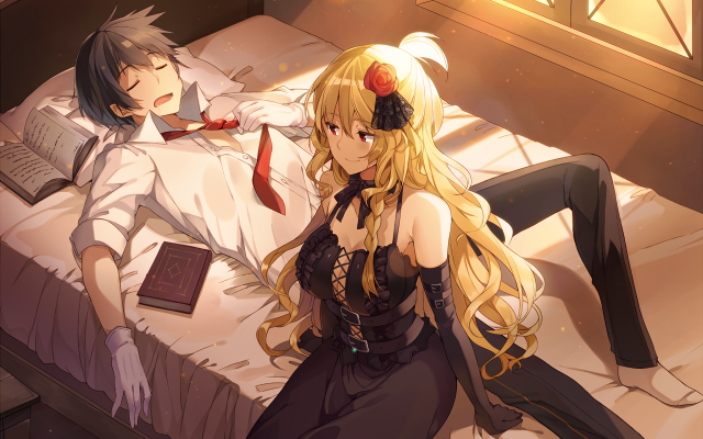 Anime girls bed book couple free wallpaper for desktop - medium preview image