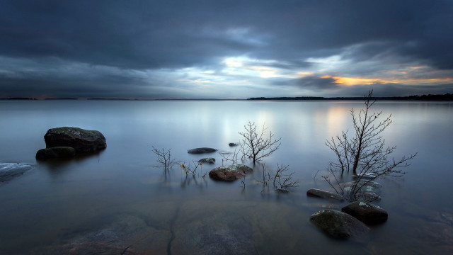 Lake rocks trees water cloudy free wallpaper for desktop - medium preview image
