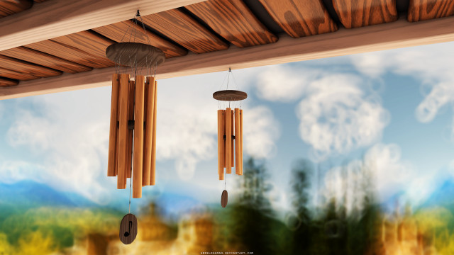 Wind chime wooden roof forest free wallpaper for desktop - medium preview image