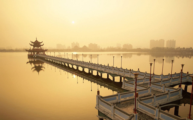 Pier pagoda lake city sunset free wallpaper for desktop - medium preview image
