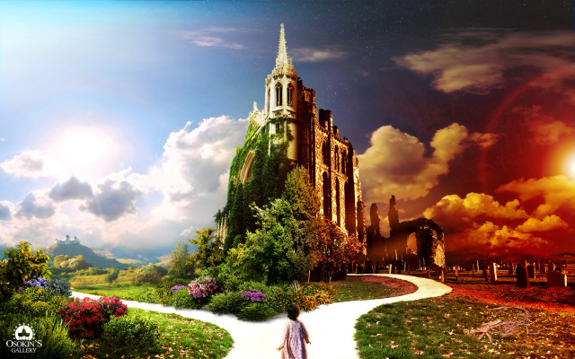 Woman walking path building spire #2 free wallpaper for desktop - medium preview image