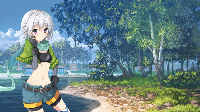 Woman green shirt shorts lake free wallpaper for desktop - medium preview image