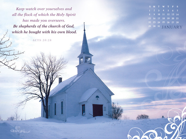 Church snowy field trees calendar free wallpaper for desktop - medium preview image
