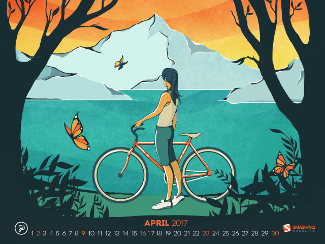 Woman bike forest butterflies mountain free wallpaper for desktop - medium preview image