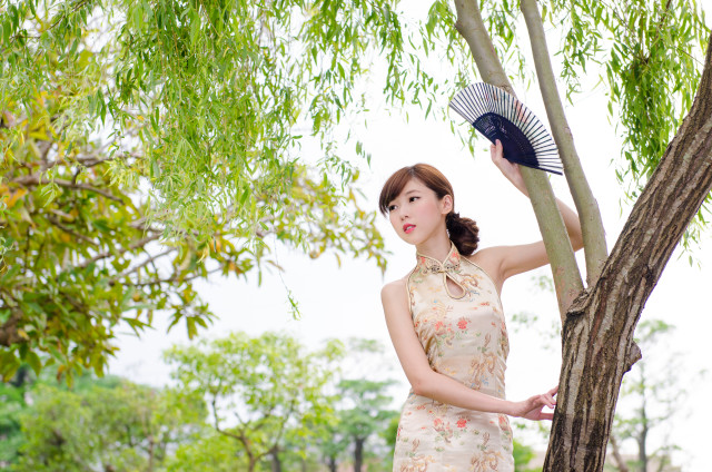 Woman dress fan tree sky free wallpaper for desktop - medium preview image