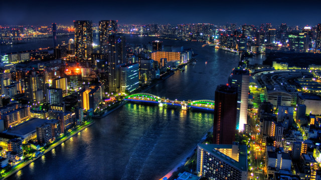 City night bridge river scenery free wallpaper for desktop - medium preview image
