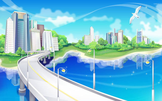 Cartoon city bridge bird flying free wallpaper for desktop - medium preview image
