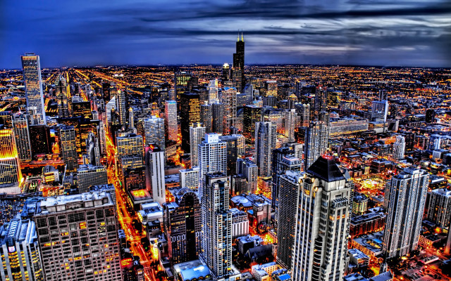 Cityscape tall buildings night cloudy free wallpaper for desktop - medium preview image