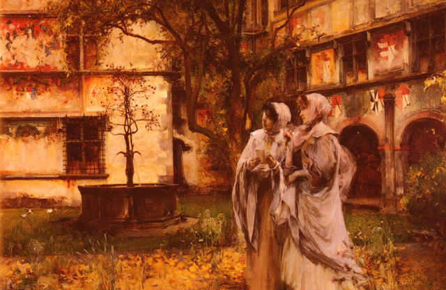 Women courtyard fountain building painting free wallpaper for desktop - medium preview image